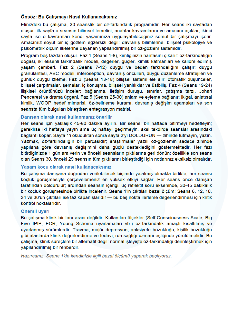 İleri Seviye Öz-Farkındalık Seans Kitabı (30 Seans)
